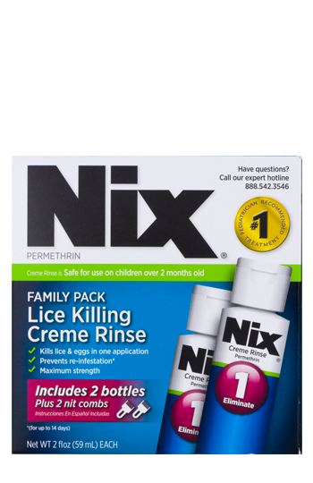Nix Lice Killing Creme Rinse (permethrin) Family Pack box with two 2 fl oz (59 mL) bottles and two nit combs