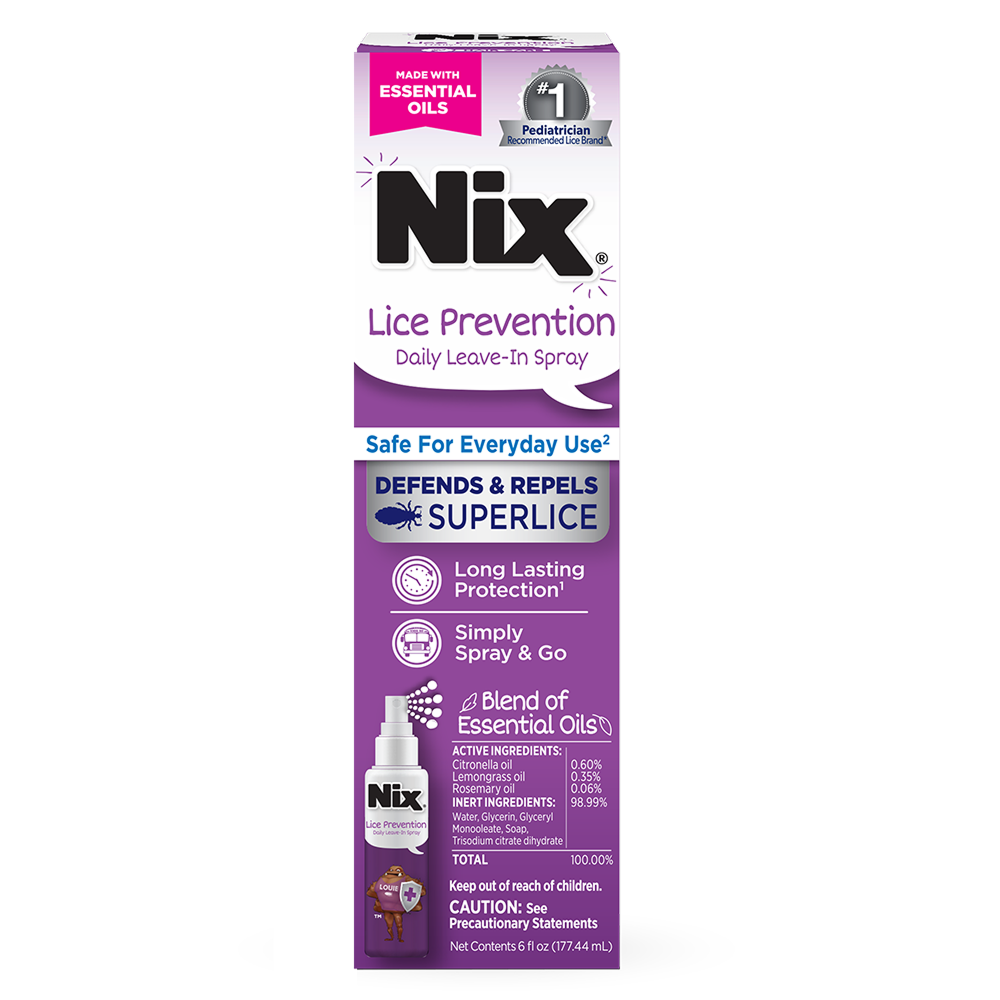 Nix Lice Prevention Daily Leave-In Spray retail box, 6 fl oz (177.44 mL), showing the spray bottle on the pack