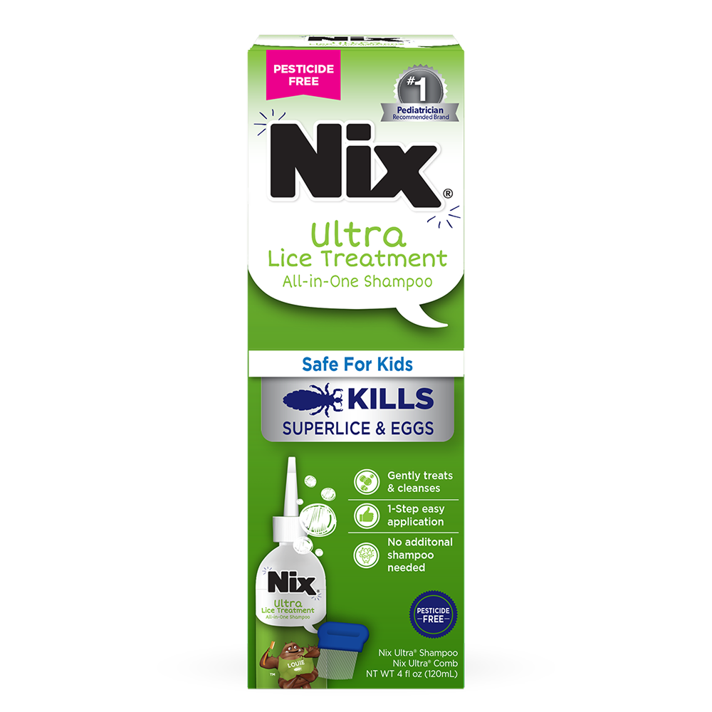 Nix Ultra Lice Treatment All-in-One Shampoo retail box, 4 fl oz (120 mL), showing the shampoo bottle and lice removal comb on the pack